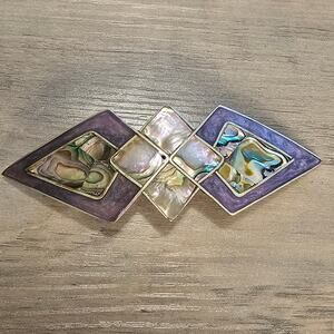 Vintage Alpaca Silver & Abalone Hair Clip Barrette with Mother of Pearl Inlay